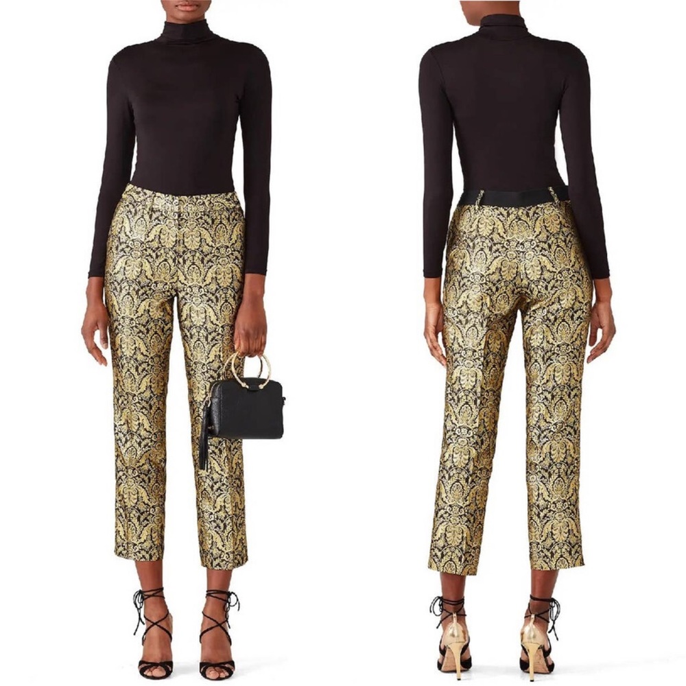 Slate & Willow Orion Jacquard Cigarette Pants Cropped Metallic Gold Black Ruffle
